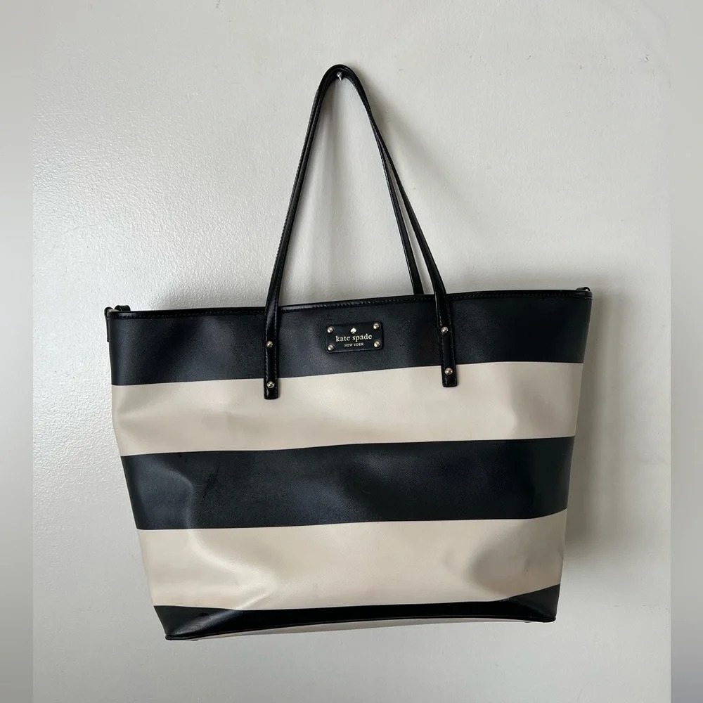 Kate Spade Striped Black Cream Cowhide Leather Tote Bag Purse